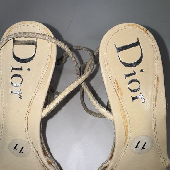 Dior Tan Leather Ankle Wrap Braided Sandals Wood Platform Women Size 11/ EUR 41 - Picture 5 of 10